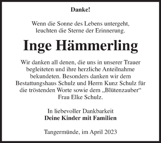 Traueranzeige von Inge Hämmerling von Volksstimme Altmark Ost