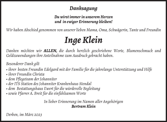 Traueranzeige von Inge Klein von Volksstimme Burg/Genthin