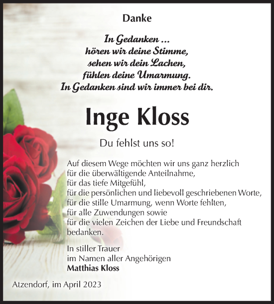 Traueranzeige von Inge Kloss von Volksstimme Staßfurt