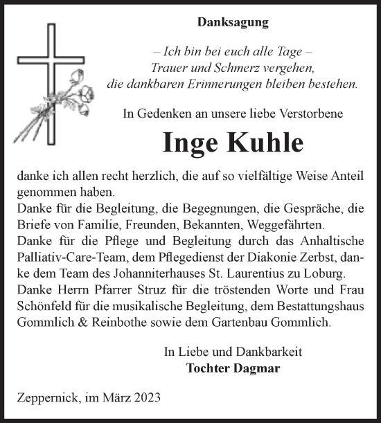 Traueranzeige von Inge Kuhle von Volksstimme Zerbst