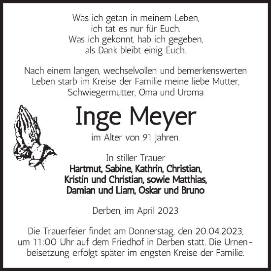 Traueranzeige von Inge Meyer von Volksstimme Burg/Genthin