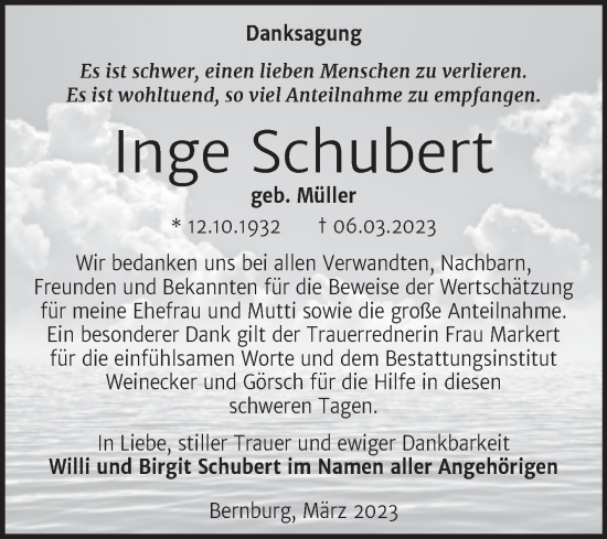Traueranzeige von Inge Schubert von Trauerkombi Bernburg