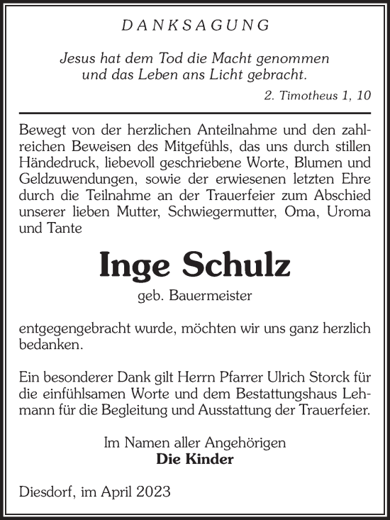 Traueranzeige von Inge Schulz von Volksstimme Altmark West