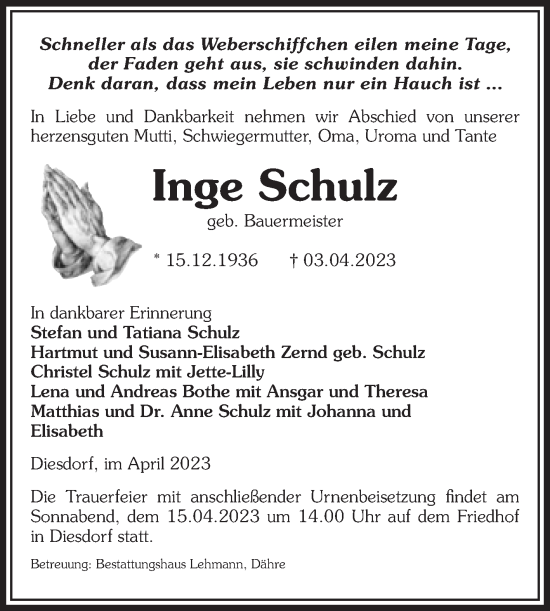 Traueranzeige von Inge Schulz von Volksstimme Altmark West