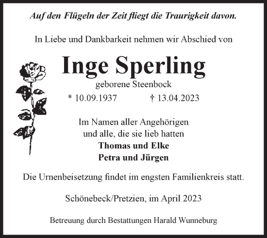 Traueranzeige von Inge Sperling von Volksstimme Schönebeck