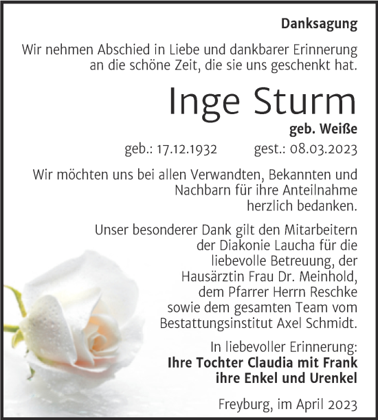 Traueranzeige von Inge Sturm von Wochenspiegel Naumburg/Nebra