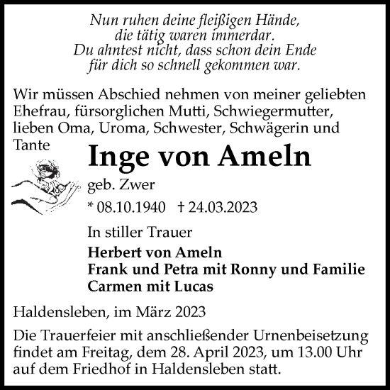 Traueranzeige von Inge von Ameln von Volksstimme Haldensleben/Wolmirstedt