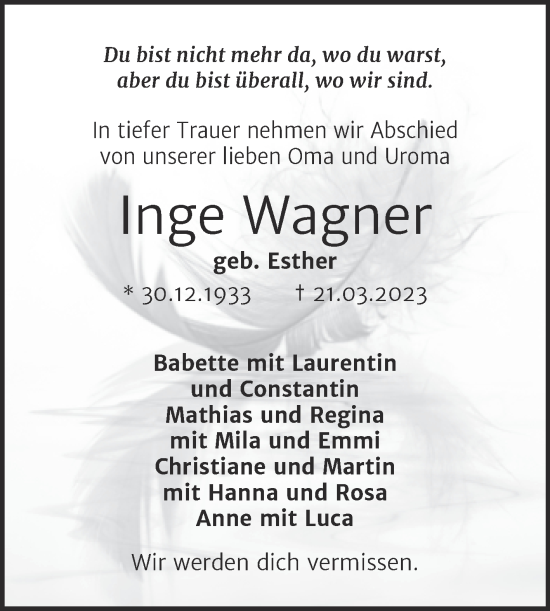 Traueranzeige von Inge Wagner von Trauerkombi Sangerhausen