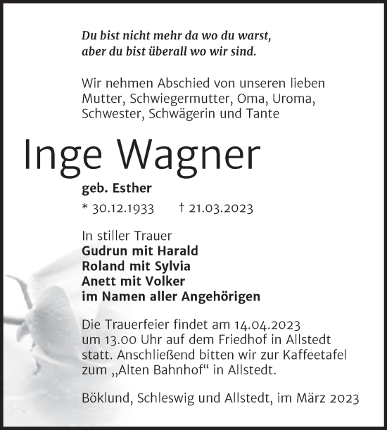 Traueranzeige von Inge Wagner von Trauerkombi Sangerhausen