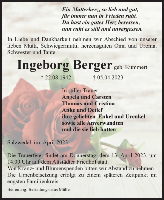 Traueranzeige von Ingeborg Berger von Volksstimme Altmark West
