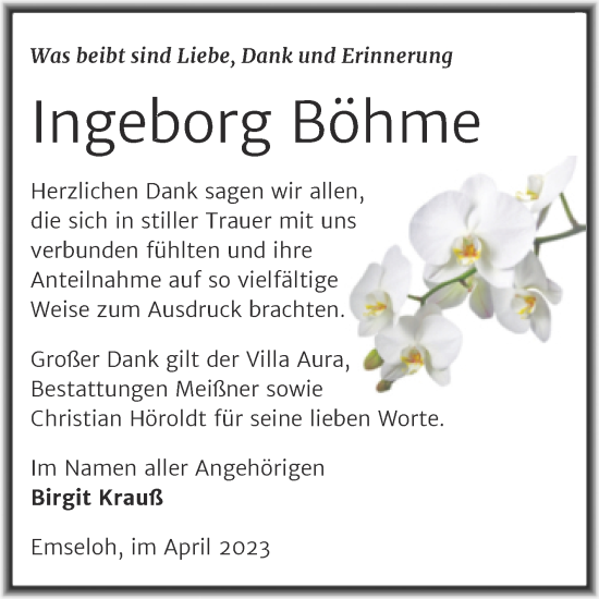 Traueranzeige von Ingeborg Böhme von Trauerkombi Sangerhausen