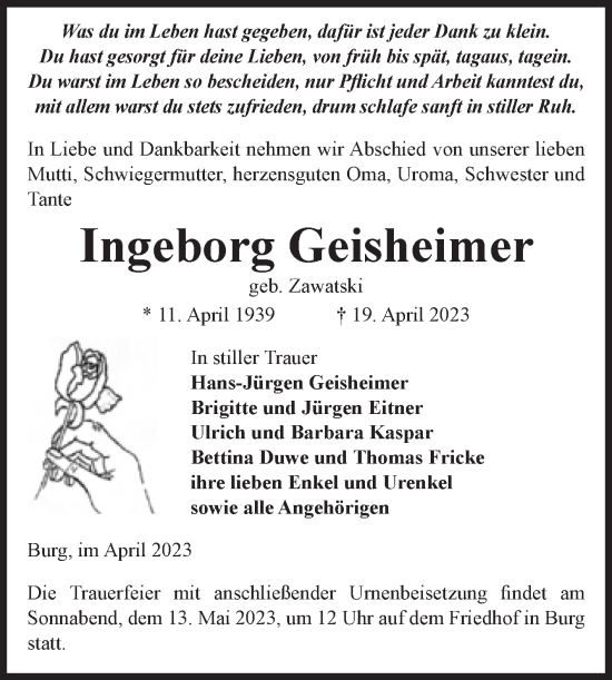 Traueranzeige von Ingeborg Geisheimer von Volksstimme Burg/Genthin