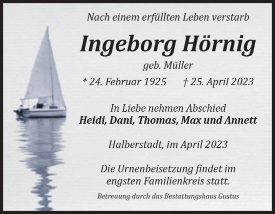 Traueranzeige von Ingeborg Hörnig von Volksstimme Halberstadt