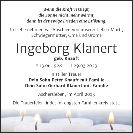 Traueranzeige von Ingeborg Klanert von Trauerkombi Aschersleben