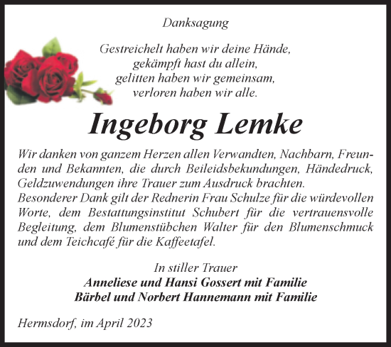 Traueranzeige von Ingeborg Lemke von Volksstimme Haldensleben/Wolmirstedt