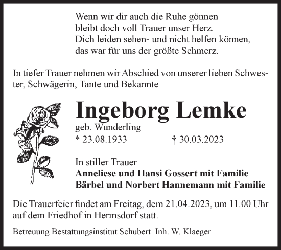 Traueranzeige von Ingeborg Lemke von Volksstimme Haldensleben/Wolmirstedt