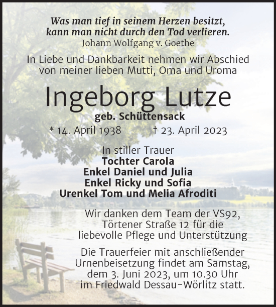 Traueranzeige von Ingeborg Lutze von Trauerkombi Dessau