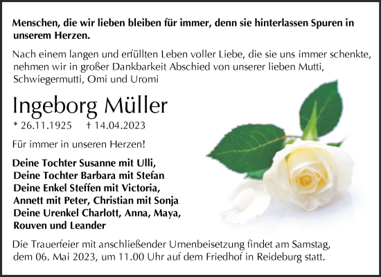 Traueranzeige von Ingeborg Müller von Mitteldeutsche Zeitung Halle/Saalkreis