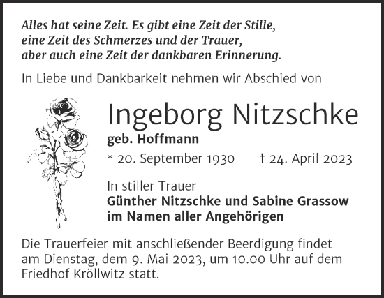Traueranzeige von Ingeborg Nitzschke von Mitteldeutsche Zeitung Halle/Saalkreis