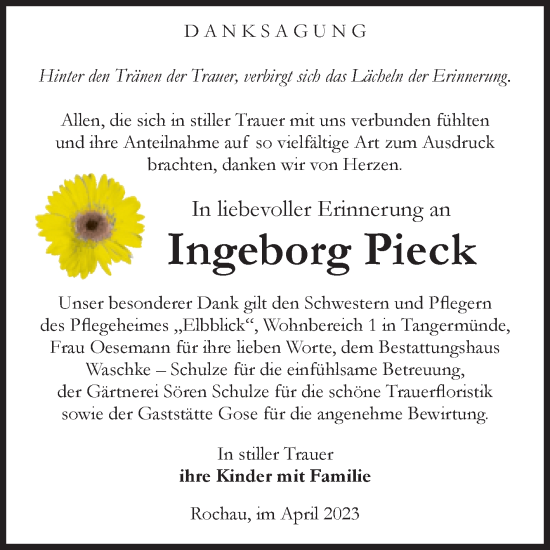 Traueranzeige von Ingeborg Pieck von Volksstimme Altmark Ost