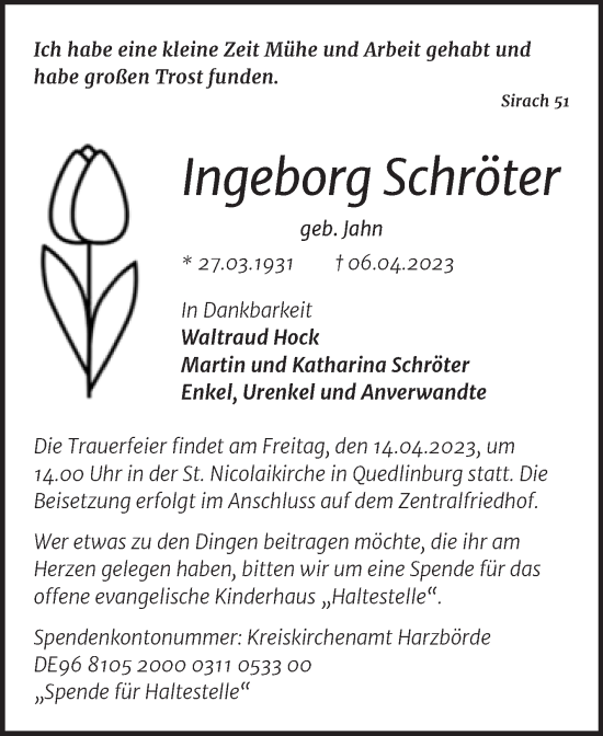 Traueranzeige von Ingeborg Schröter von Trauerkombi Quedlinburg