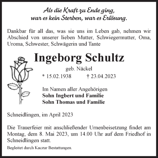 Traueranzeige von Ingeborg Schultz von Volksstimme Staßfurt