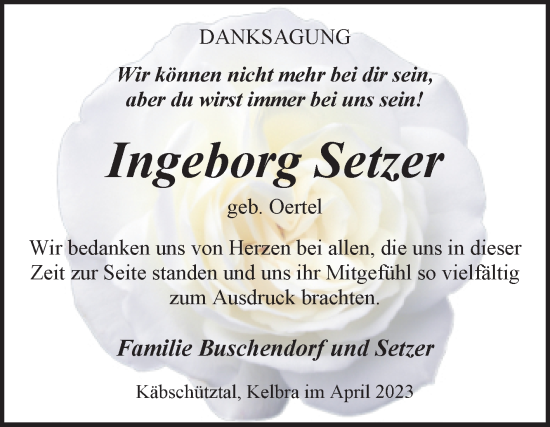 Traueranzeige von Ingeborg Setzer von Trauerkombi Sangerhausen