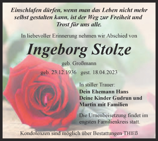 Traueranzeige von Ingeborg Stolze von Trauerkombi Quedlinburg