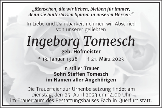 Traueranzeige von Ingeborg Tomesch von Trauerkombi Merseburg