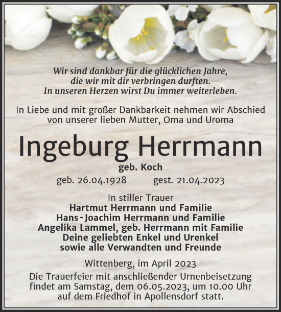 Traueranzeige von Ingeburg Herrmann von Trauerkombi Wittenberg