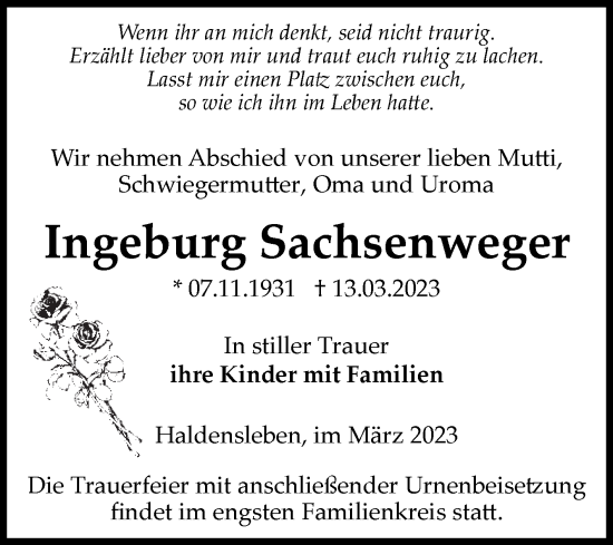 Traueranzeige von Ingeburg Sachsenweger von Volksstimme Haldensleben/Wolmirstedt