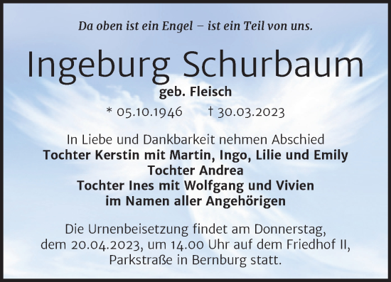 Traueranzeige von Ingeburg Schurbaum von Trauerkombi Bernburg