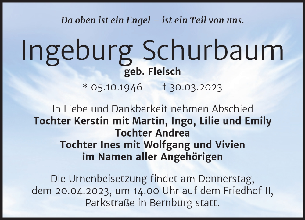  Traueranzeige für Ingeburg Schurbaum vom 08.04.2023 aus Trauerkombi Bernburg