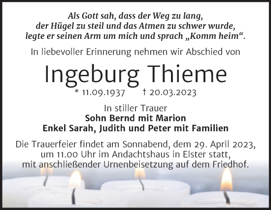 Traueranzeige von Ingeburg Thieme von Trauerkombi Wittenberg