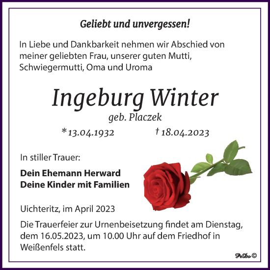 Traueranzeige von Ingeburg Winter von Trauerkombi Weißenfels