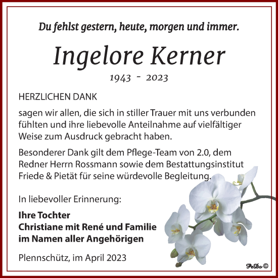 Traueranzeige von Ingelore Kerner von Trauerkombi Weißenfels