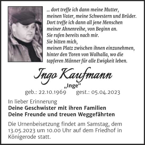 Traueranzeige von Ingo Kaufmann von Trauerkombi Quedlinburg