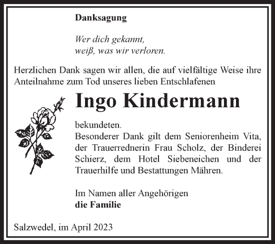 Traueranzeige von Ingo Kindermann von Volksstimme Altmark West