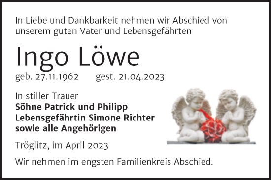 Traueranzeige von Ingo Löwe von Trauerkombi Zeitz