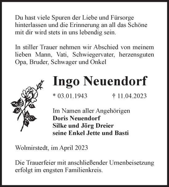 Traueranzeige von Ingo Neuendorf von Volksstimme Haldensleben/Wolmirstedt