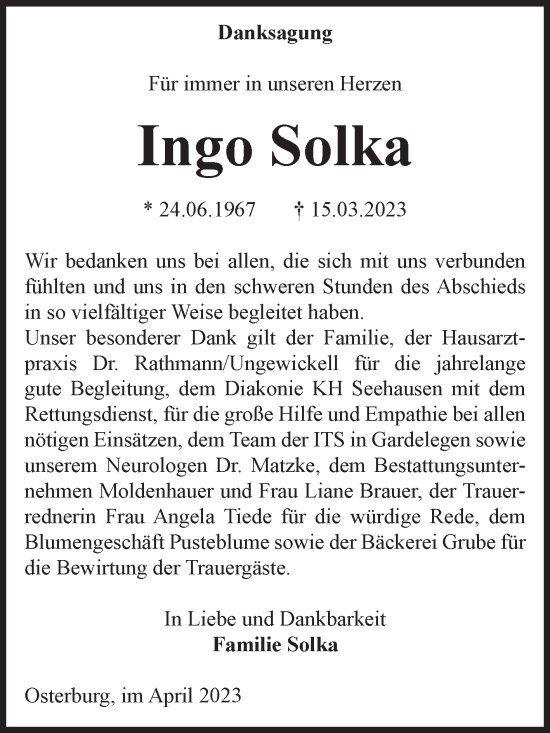 Traueranzeige von Ingo Solka von Volksstimme Altmark Ost