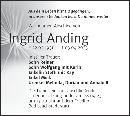 Traueranzeige von Ingrid Anding von Trauerkombi Merseburg