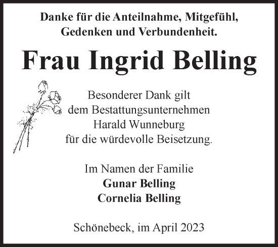 Traueranzeige von Ingrid Belling von Volksstimme Schönebeck
