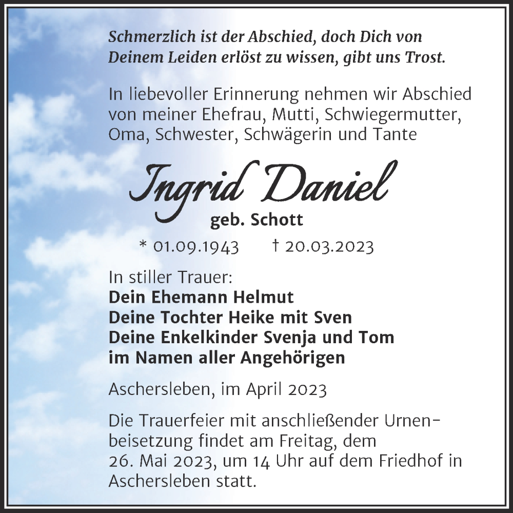  Traueranzeige für Ingrid Daniel vom 01.04.2023 aus Trauerkombi Aschersleben