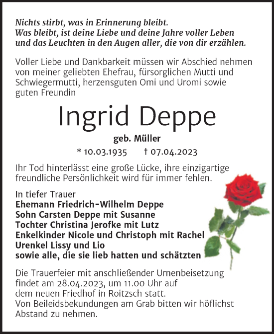 Traueranzeige von Ingrid Deppe von Trauerkombi Bitterfeld
