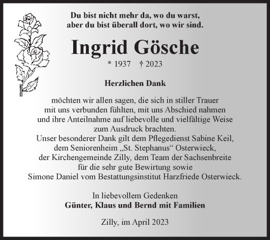 Traueranzeige von Ingrid Gösche von Volksstimme Halberstadt