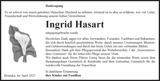 Traueranzeige von Ingrid Hasart von Volksstimme Burg/Genthin