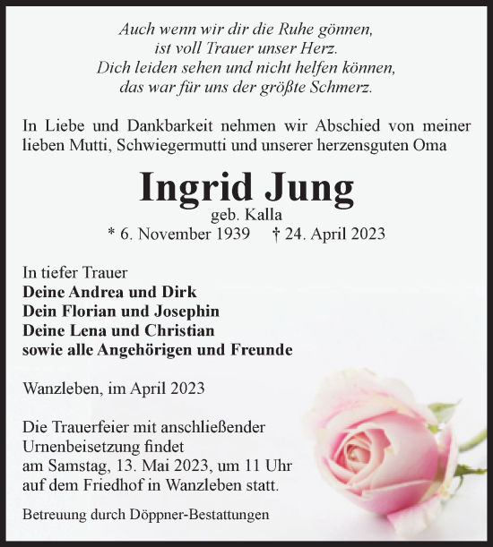 Traueranzeige von Ingrid Jung von Volksstimme Oschersleben/Wanzleben