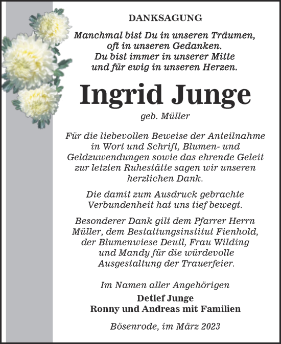 Traueranzeige von Ingrid Junge von Trauerkombi Sangerhausen