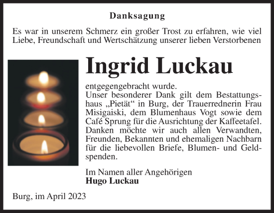 Traueranzeige von Ingrid Luckau von Volksstimme Burg/Genthin